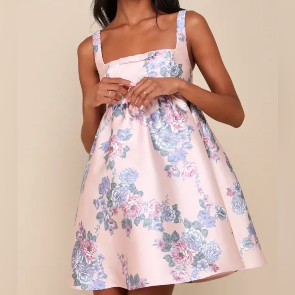 Lulu's Pink Floral Mini Dress with Blue and Lavender Blooms